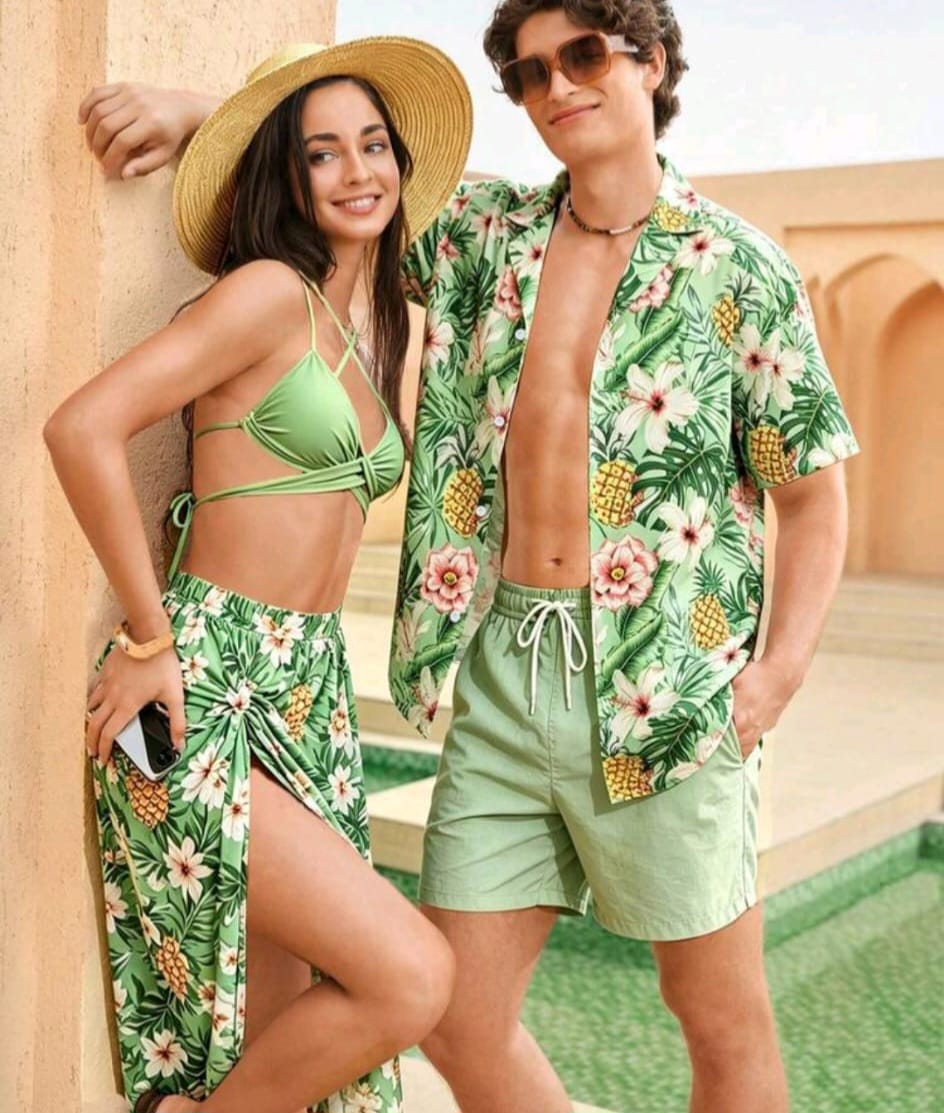 Ensemble de plage tropical à motif ananas vert – couple de femmes