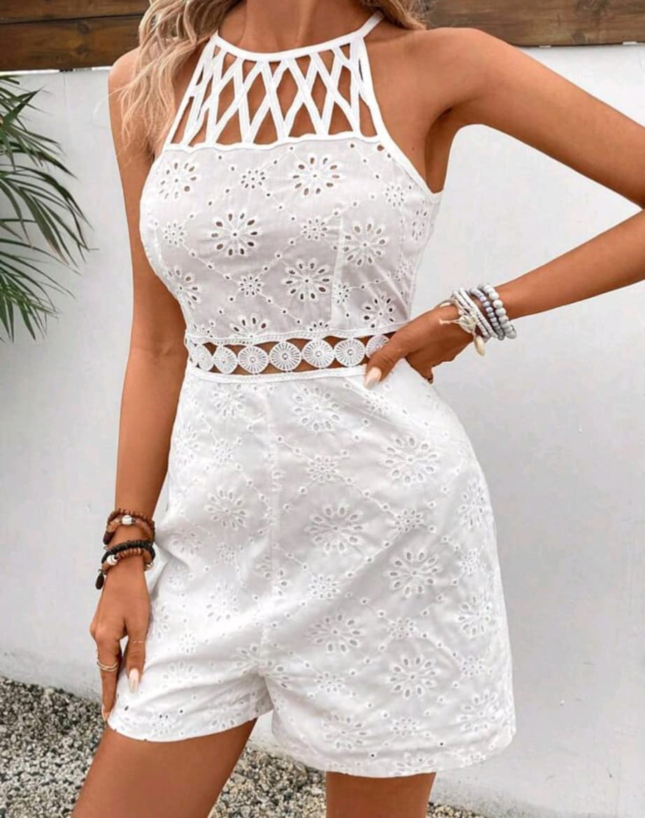 Ärmelloser Overall aus weißer Sangallo-Spitze – Taille bestickt und durchbrochen