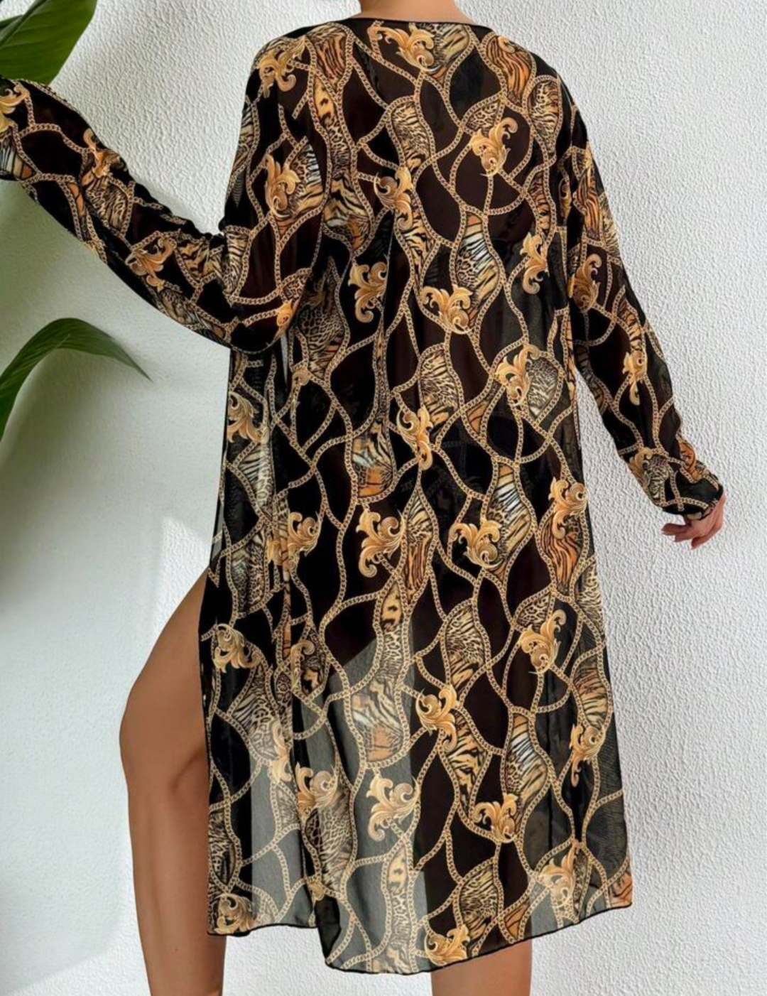 Set Bikini Mare 3 Pezzi - Stampa Barocca Nera e Oro con Copricostume Kimono