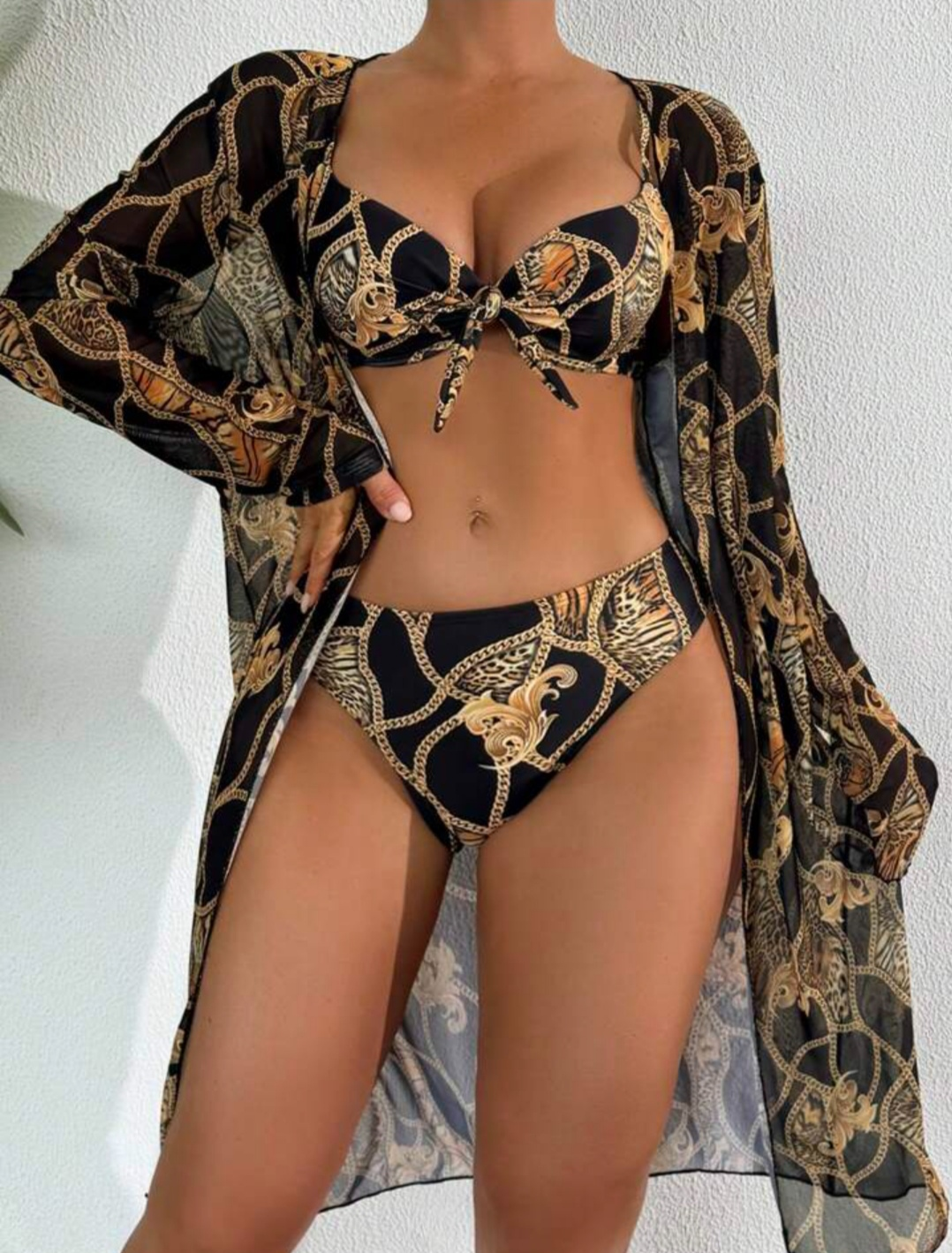 Set Bikini Mare 3 Pezzi - Stampa Barocca Nera e Oro con Copricostume Kimono