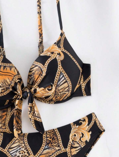 Set Bikini Mare 3 Pezzi - Stampa Barocca Nera e Oro con Copricostume Kimono