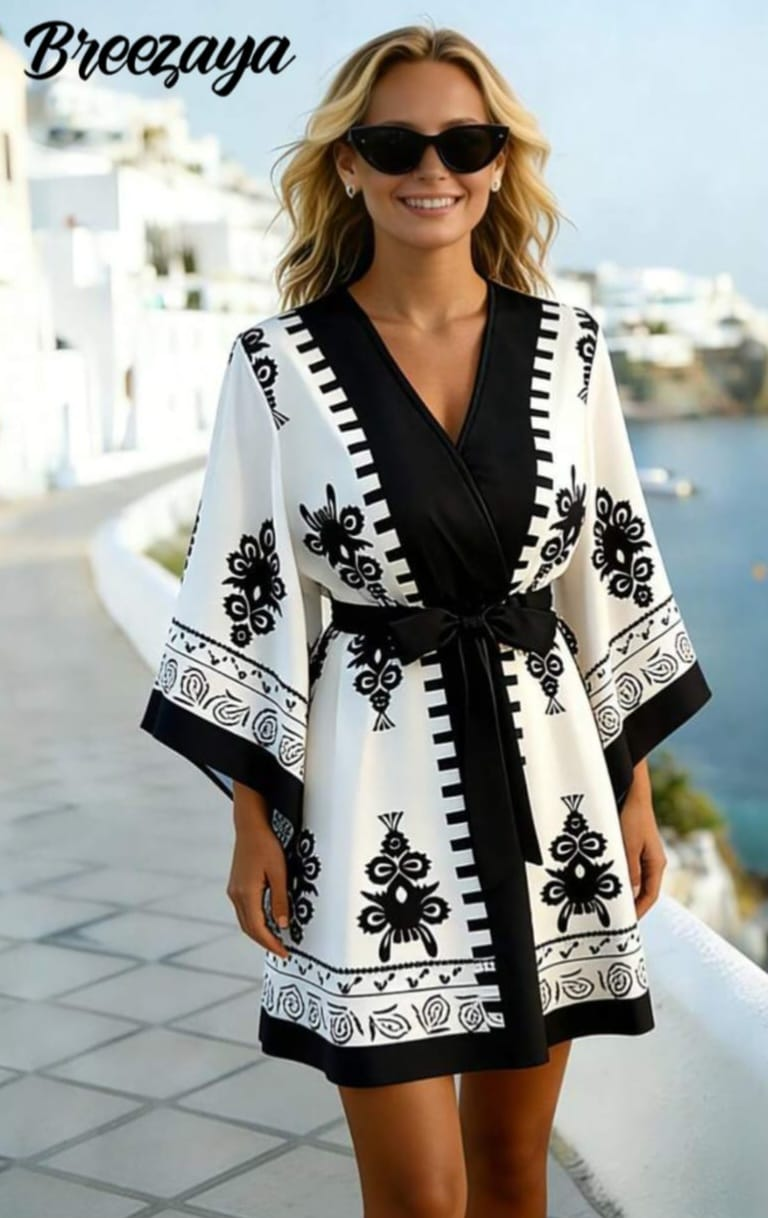 Breezaya - Abito Corto Elegante Donna Scollo V Maniche 3/4