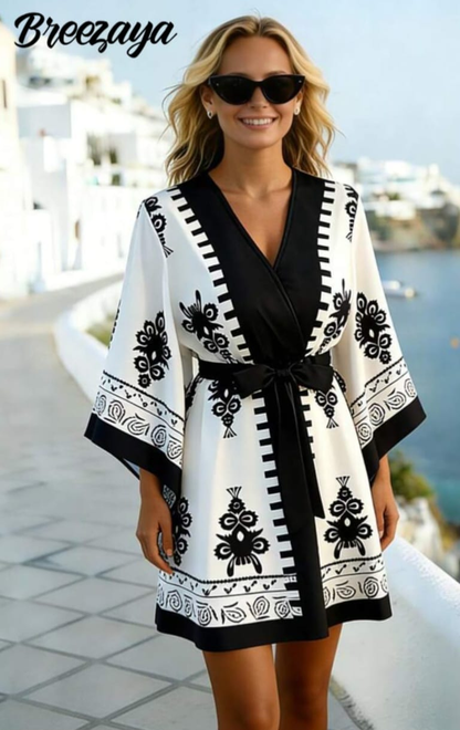 Breezaya - Abito Corto Elegante Donna Scollo V Maniche 3/4