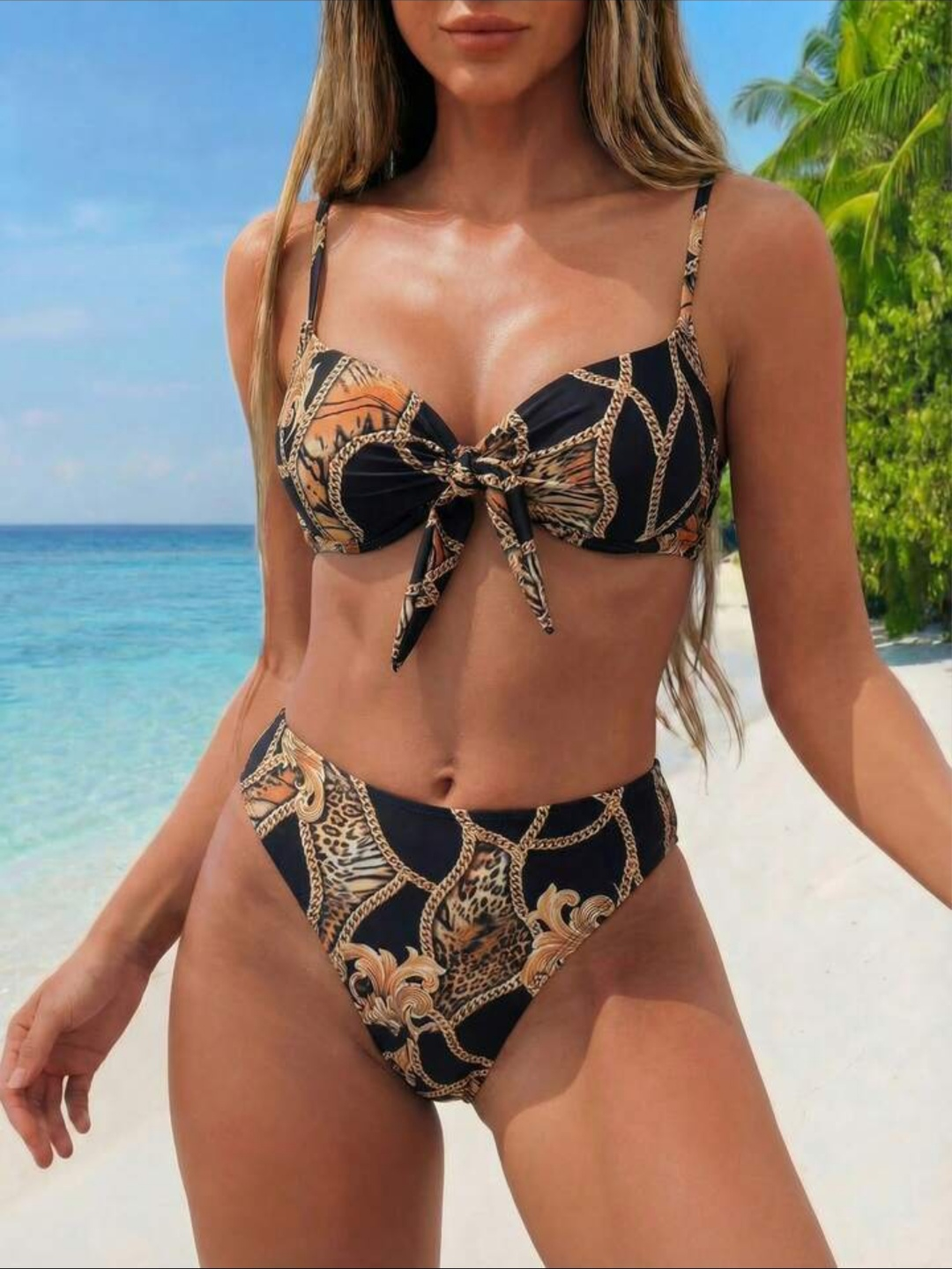 Ensemble bikini de plage 3 pièces – imprimé baroque noir et doré avec kimono de plage
