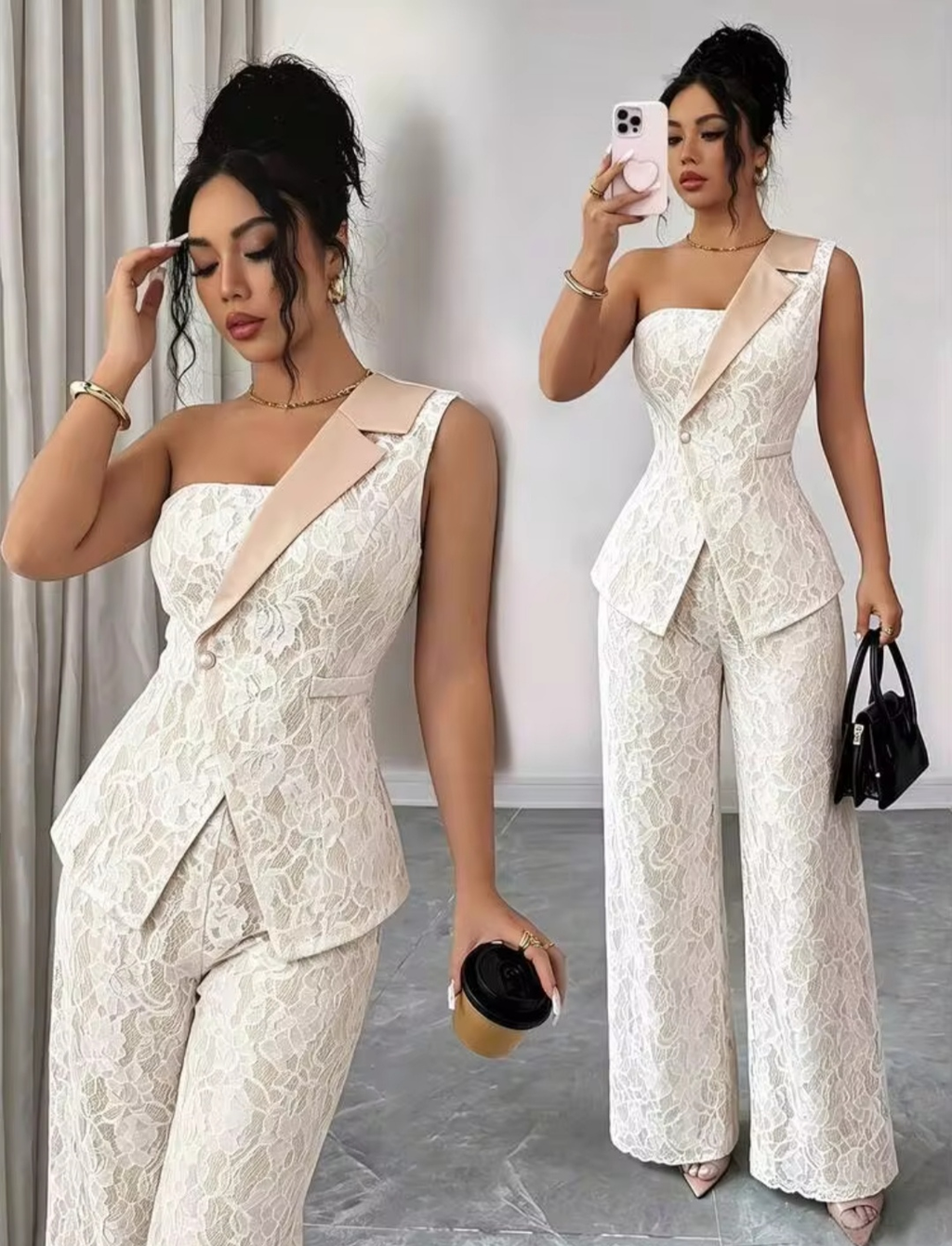 Pantsuit Eleganza Naturale – Completo Pizzo Bianco Monospalla