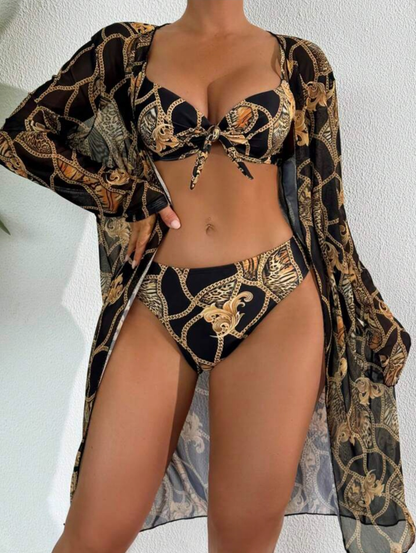 Set Bikini Mare 3 Pezzi - Stampa Barocca Nera e Oro con Copricostume Kimono