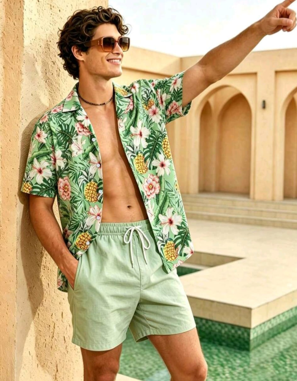 Set mare tropicale ananas verde uomo camicia e shorts