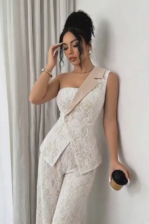 Pantsuit Eleganza Naturale – Completo Pizzo Bianco Monospalla